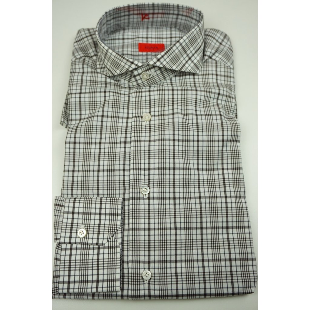 Isaia Dark Brown White Plaid Long Sleeve Cotton Dress Shirt 15.5/39 New